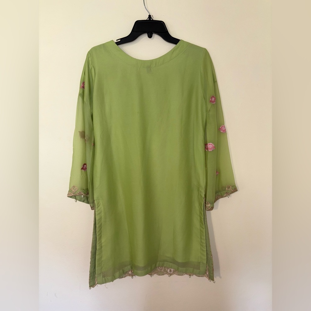 Embroidered Green Dress with Pink Floral Accents With Pants & Scarf - Picture 2 of 8